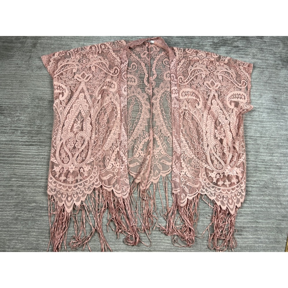 Emerette Kimono Women Med Pink Paisley Lace Fringe Sheer Boho Open Front HJ10047
